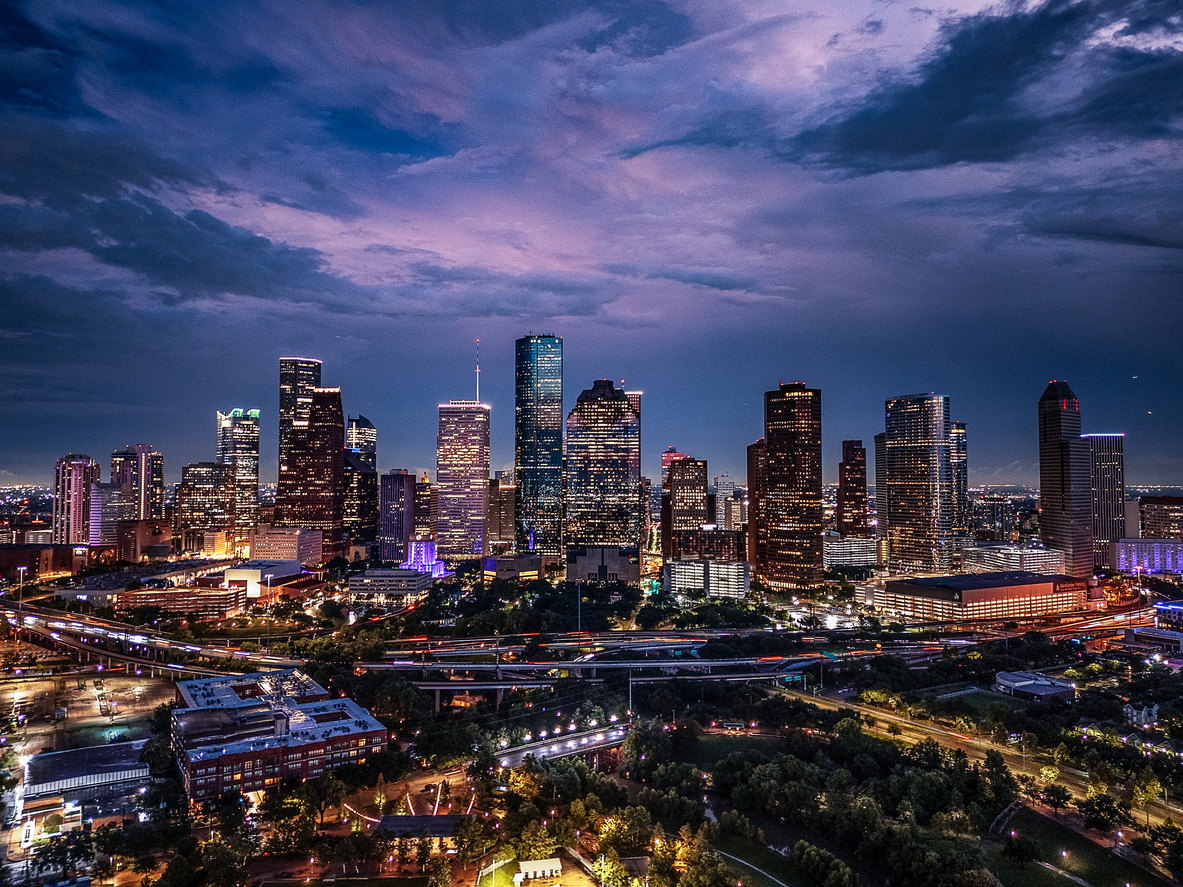 aerial drone photo of Houston, Texas skyline at twilight