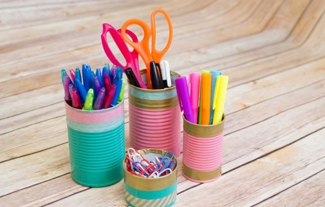 Make colorful organizers for your office supplies out of tin cans.
