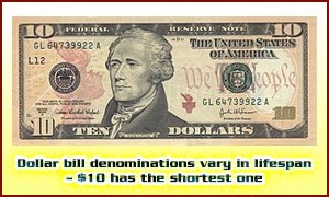 Dollar bill denominations vary in lifespan –$10 has the shortest one